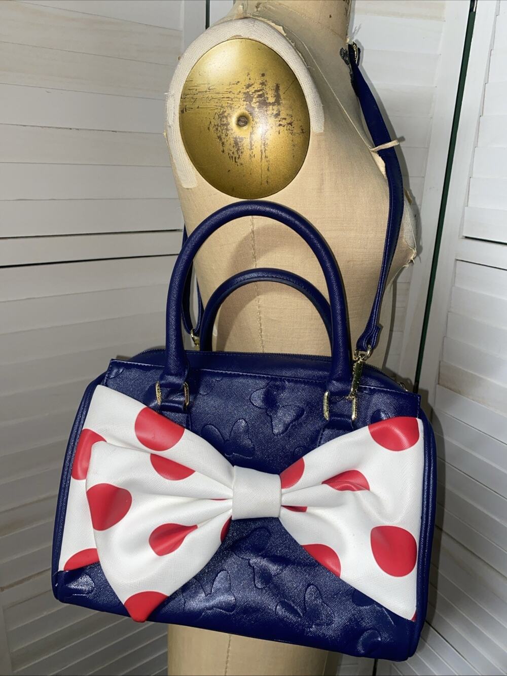 Disney Boutique Park Purse Navy with White Red Polka Dot Bow Satchel Crossbody